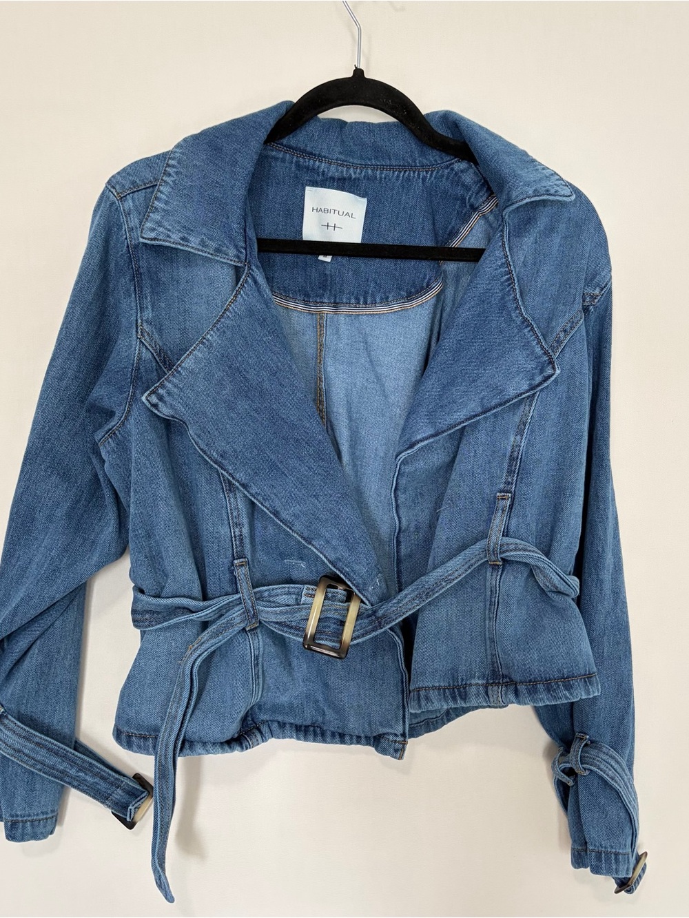 Habitual Denim Jacket Cropped Belted Wrap Women’s Size Medium Blue
